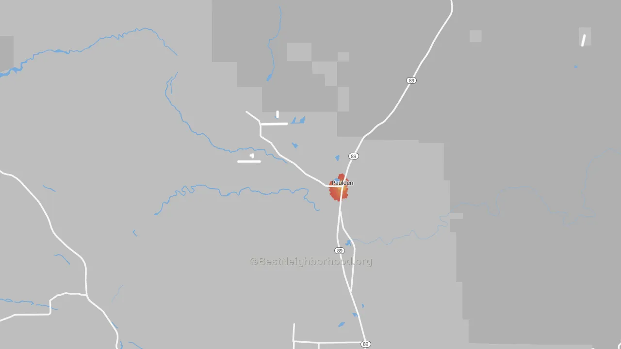 Walk Grade map of Paulden, AZ, walkable areas in green and car-dependent areas in red