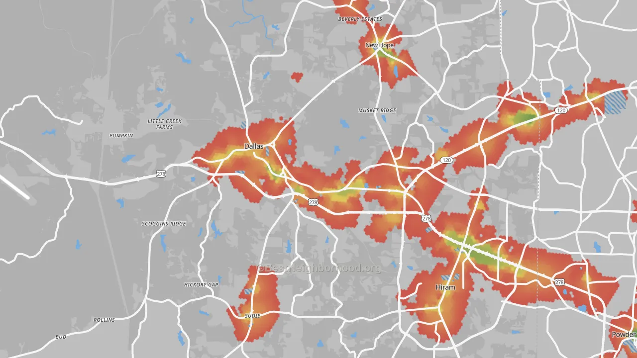 Walk Grade map of Paulding County, GA, walkable areas in green and car-dependent areas in red