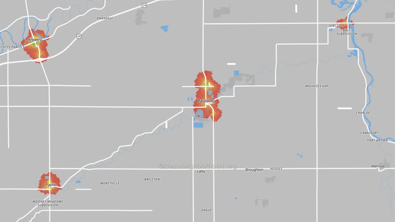 Walk Grade map of Paulding County, OH, walkable areas in green and car-dependent areas in red