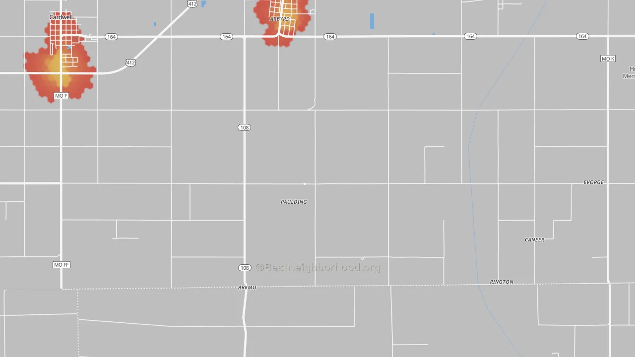 Walk Grade map of Paulding, MO, walkable areas in green and car-dependent areas in red