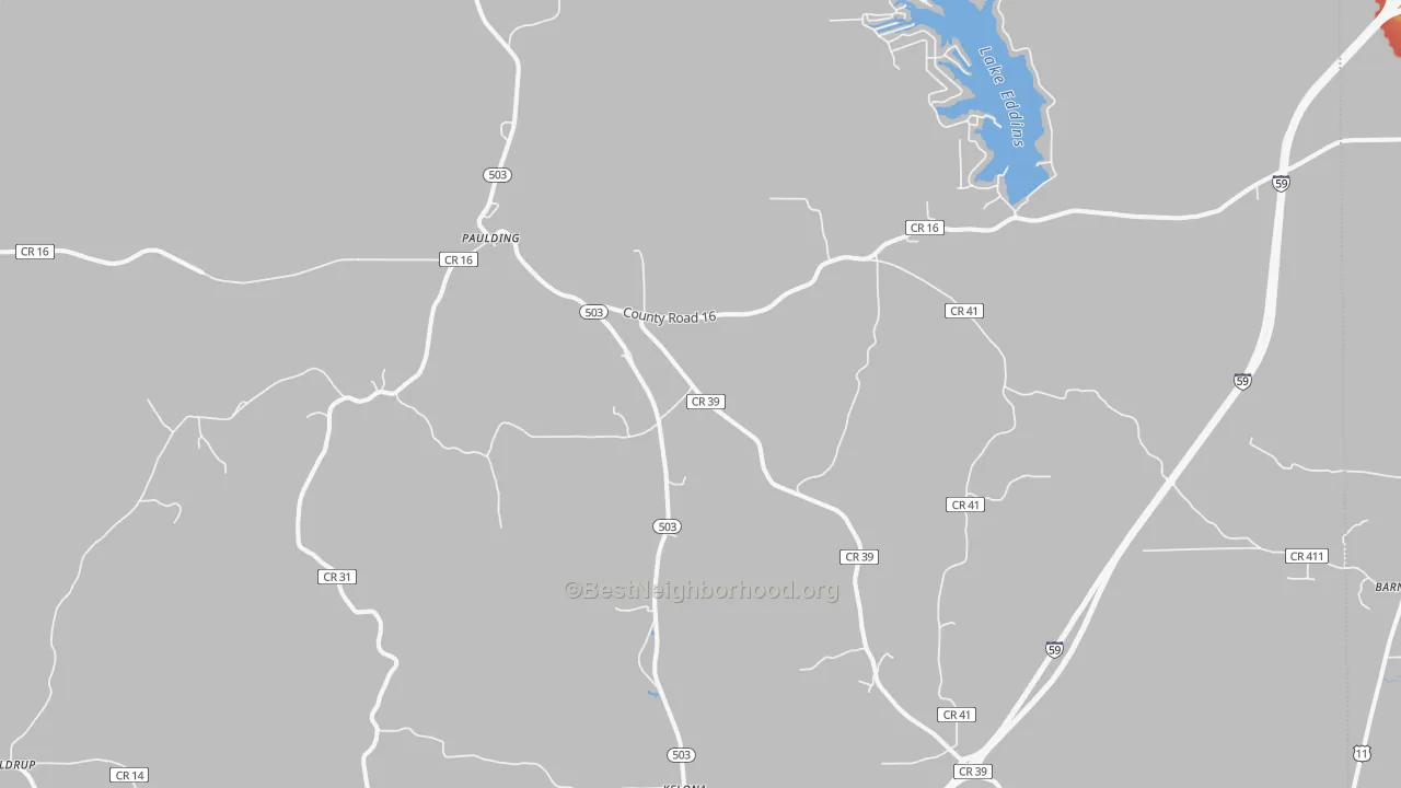 Walk Grade map of Paulding, MS, walkable areas in green and car-dependent areas in red