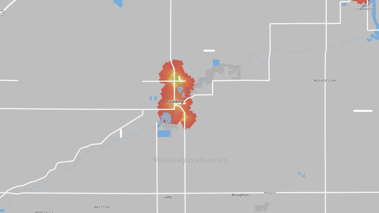 Walk Grade map of Paulding, OH, walkable areas in green and car-dependent areas in red