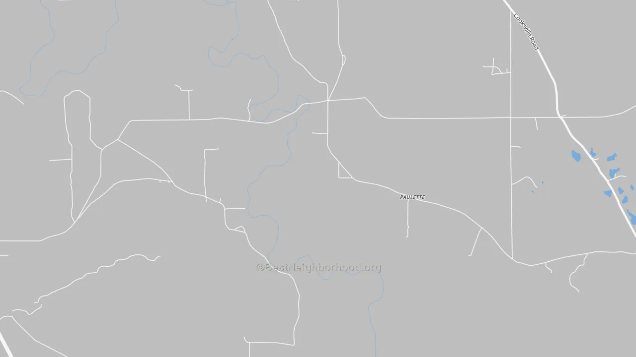 Walk Grade map of Paulette, MS, walkable areas in green and car-dependent areas in red