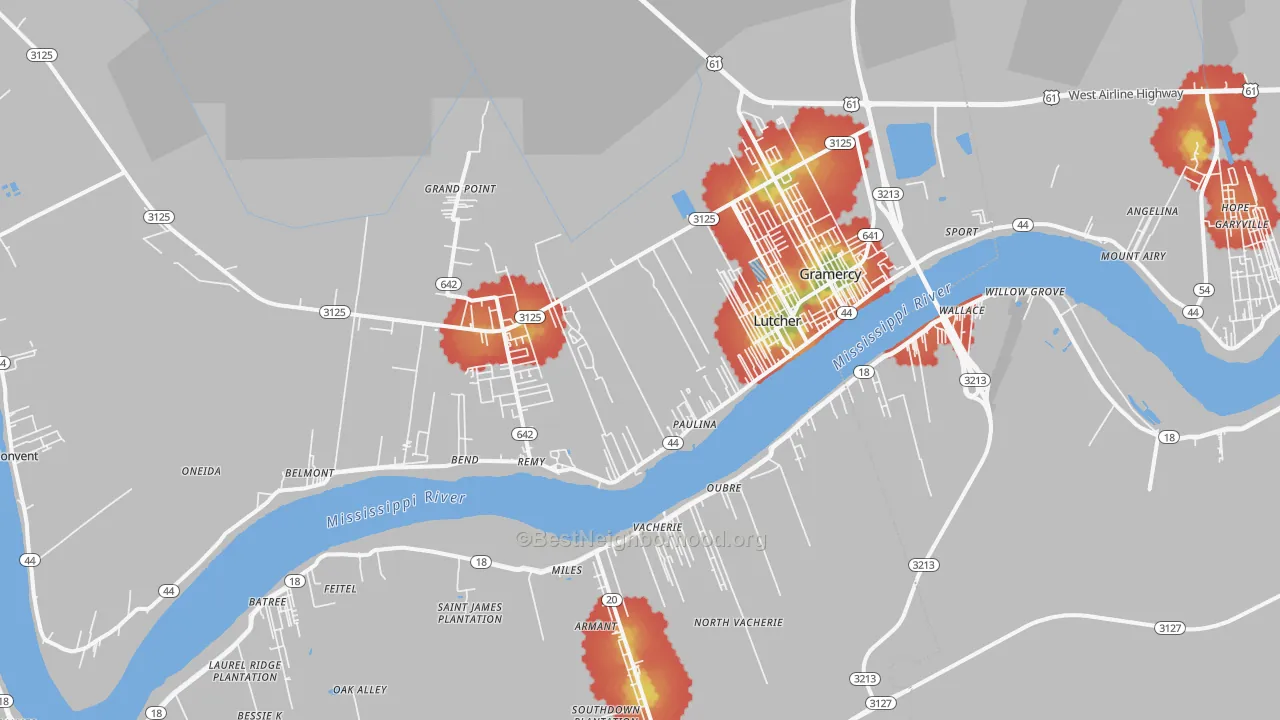 Walk Grade map of Paulina, LA, walkable areas in green and car-dependent areas in red