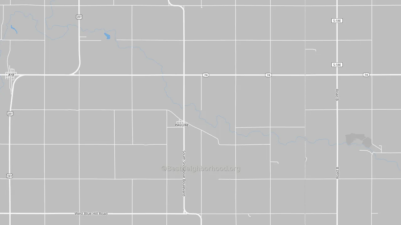 Walk Grade map of Pauline, NE, walkable areas in green and car-dependent areas in red