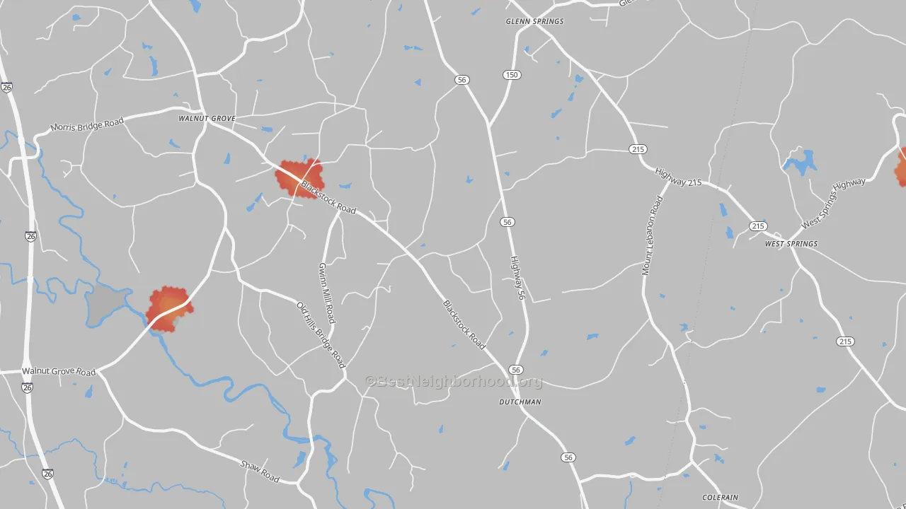 Walk Grade map of Pauline, SC, walkable areas in green and car-dependent areas in red