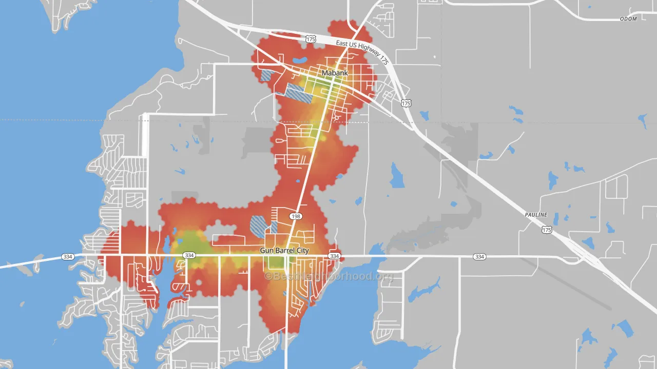 Walk Grade map of Pauline, TX, walkable areas in green and car-dependent areas in red