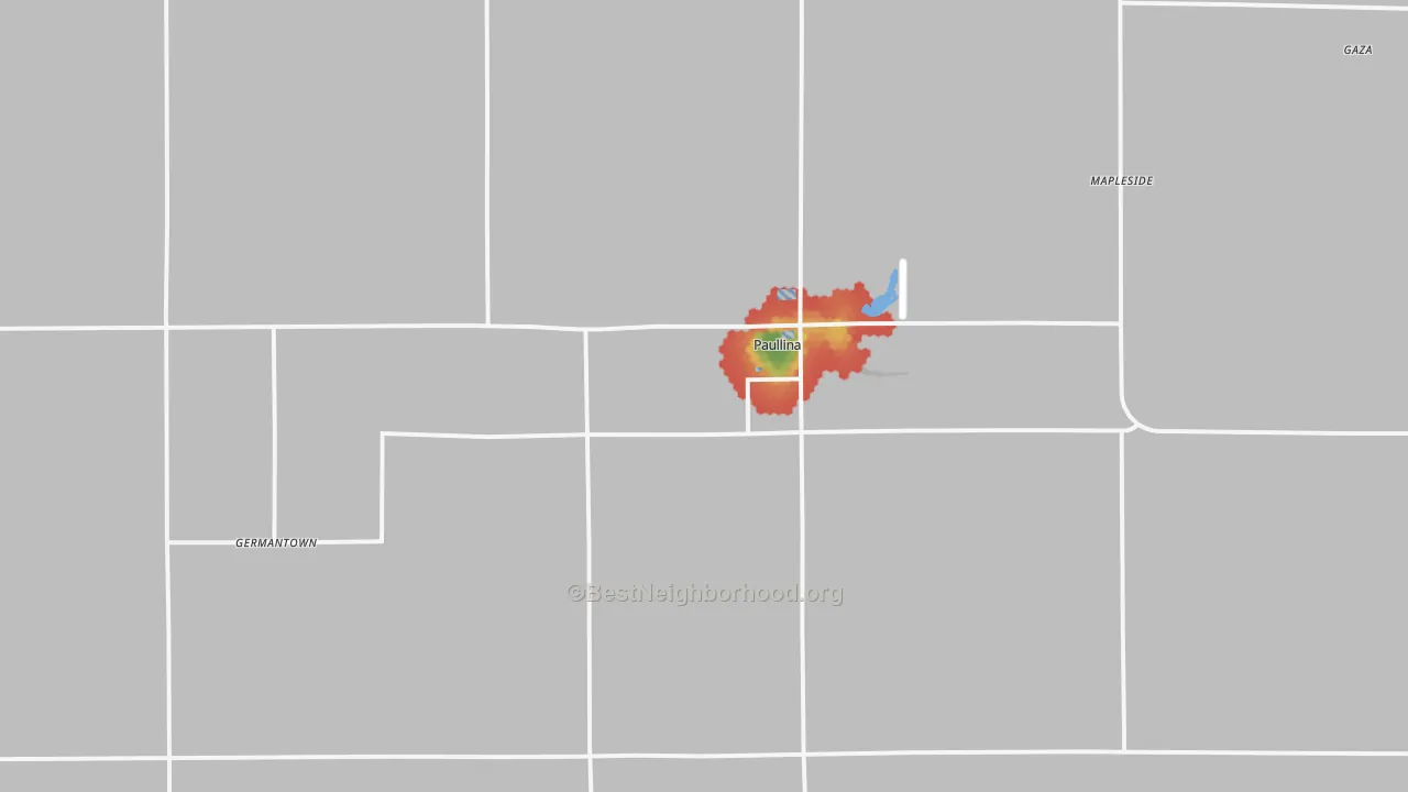 Walk Grade map of Paullina, IA, walkable areas in green and car-dependent areas in red