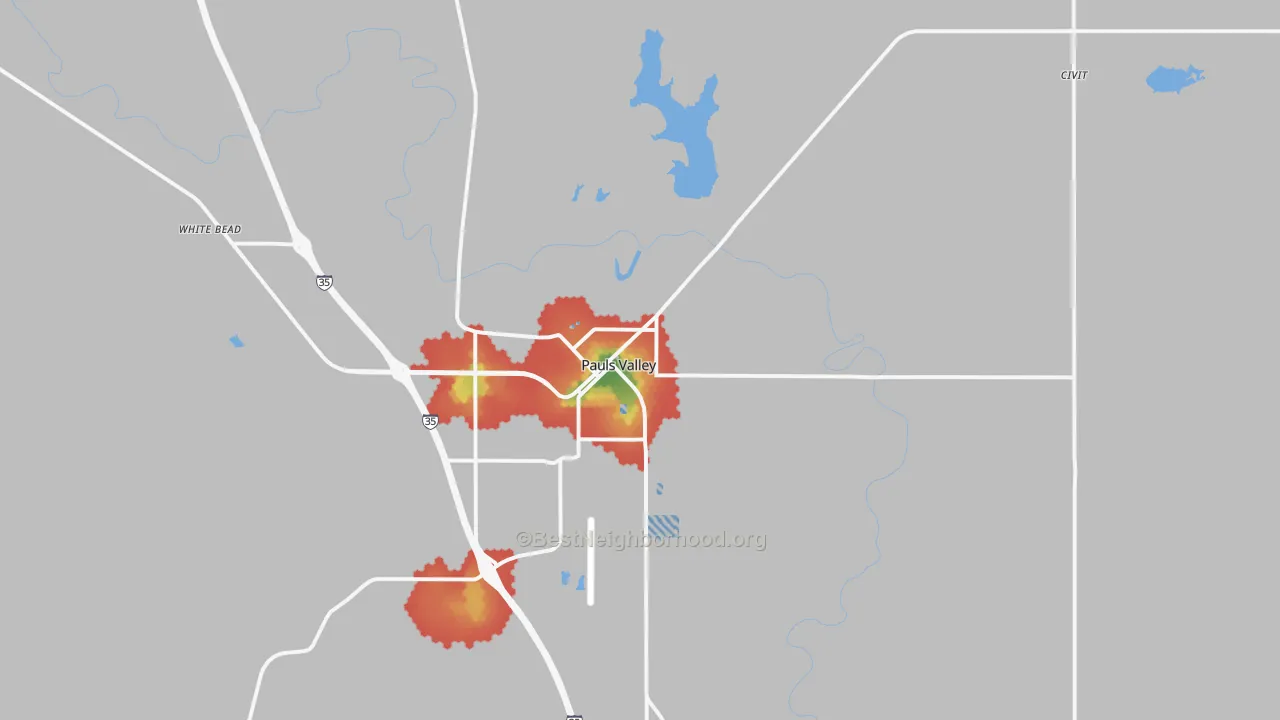 Walk Grade map of Pauls Valley, OK, walkable areas in green and car-dependent areas in red