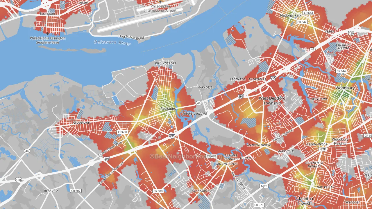 Walk Grade map of Paulsboro, NJ, walkable areas in green and car-dependent areas in red