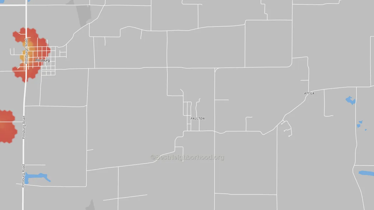 Walk Grade map of Paulton, IL, walkable areas in green and car-dependent areas in red