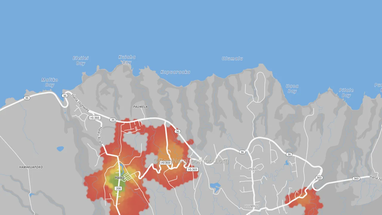 Walk Grade map of Pauwela, HI, walkable areas in green and car-dependent areas in red