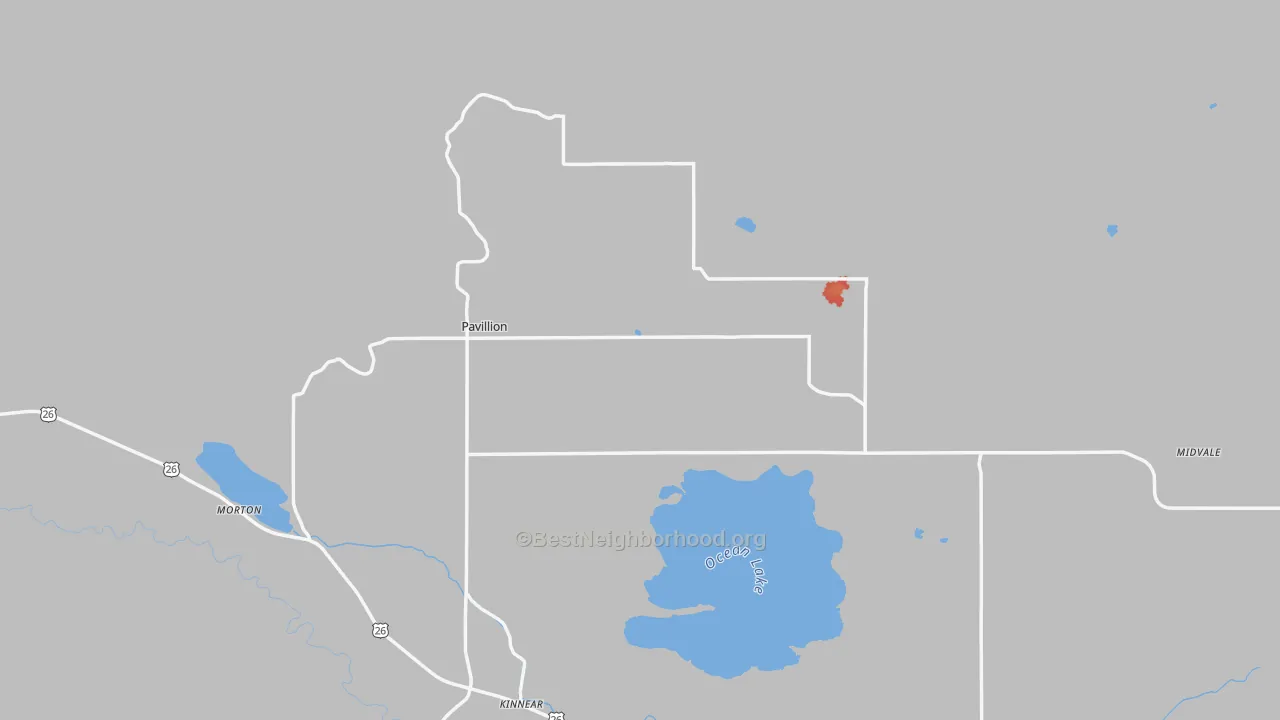 Walk Grade map of Pavillion, WY, walkable areas in green and car-dependent areas in red