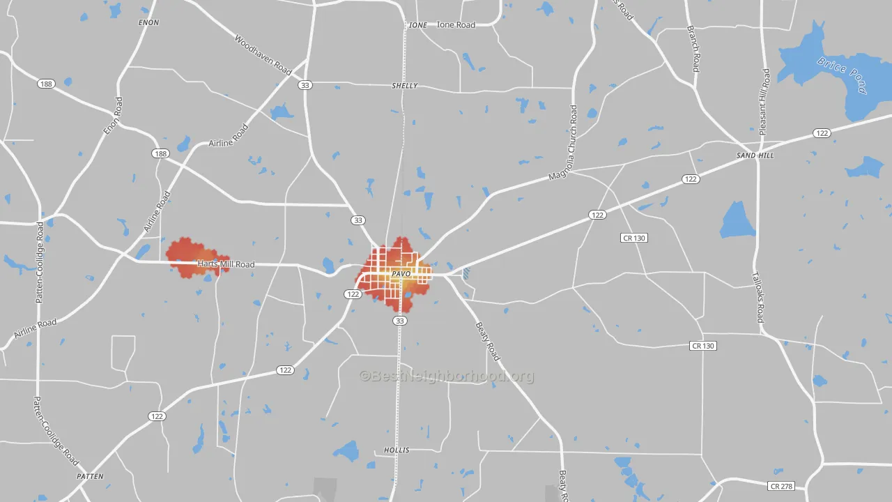 Walk Grade map of Pavo, GA, walkable areas in green and car-dependent areas in red