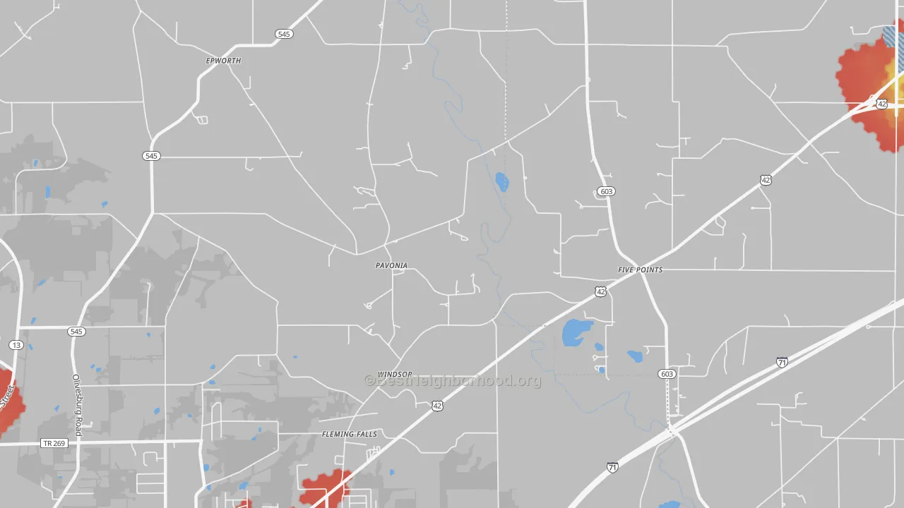 Walk Grade map of Pavonia, OH, walkable areas in green and car-dependent areas in red