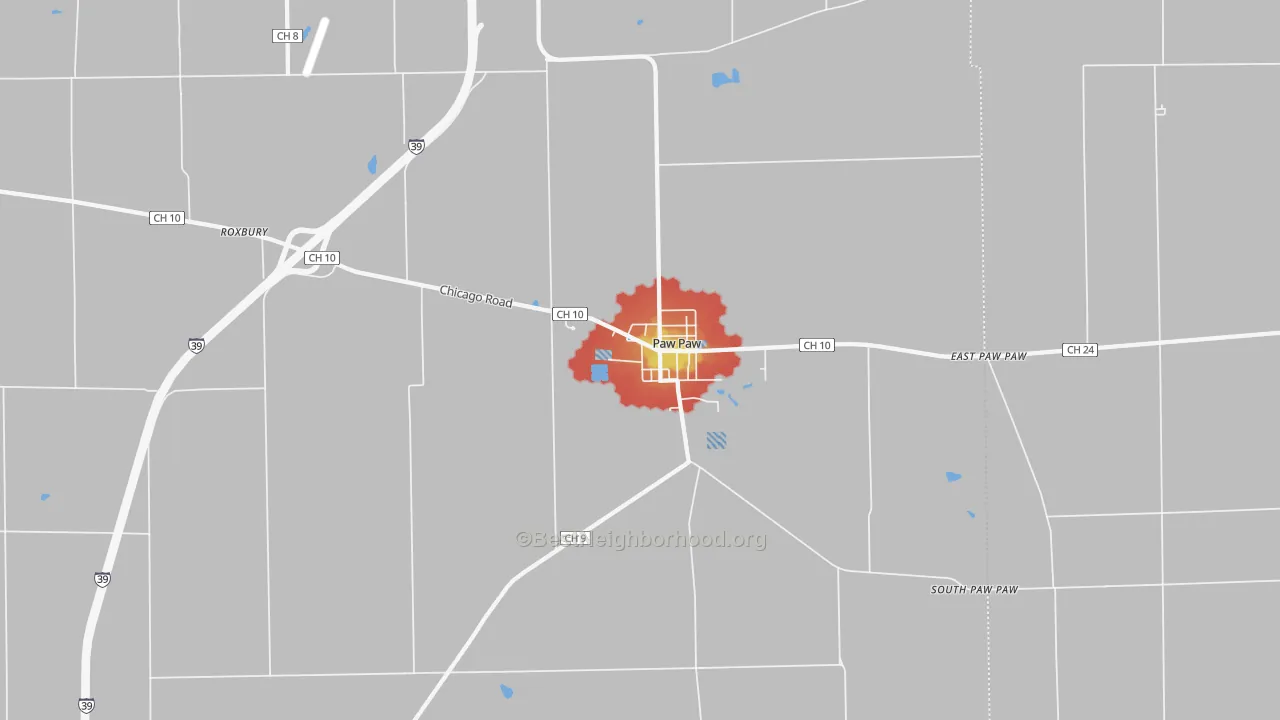 Walk Grade map of Paw Paw, IL, walkable areas in green and car-dependent areas in red