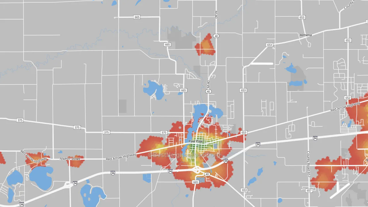 Walk Grade map of Paw Paw, MI, walkable areas in green and car-dependent areas in red
