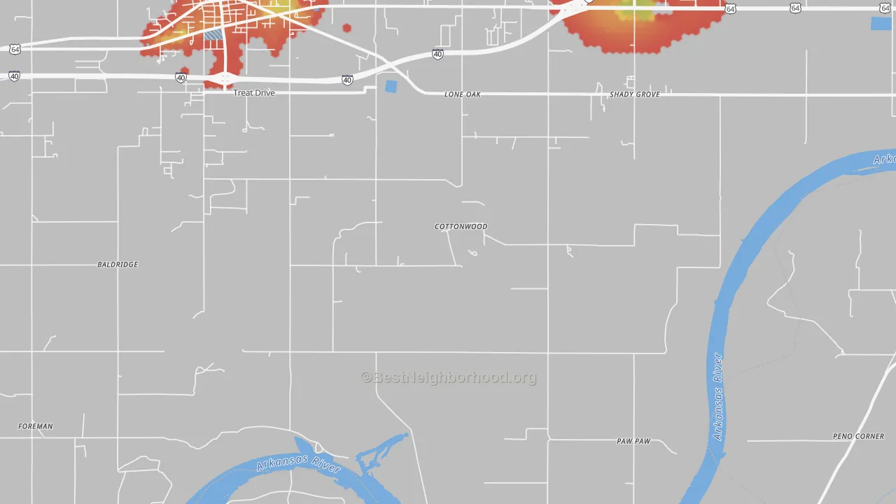 Walk Grade map of Paw Paw, OK, walkable areas in green and car-dependent areas in red