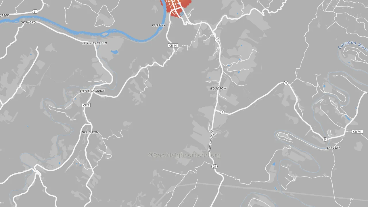 Walk Grade map of Paw Paw, WV, walkable areas in green and car-dependent areas in red