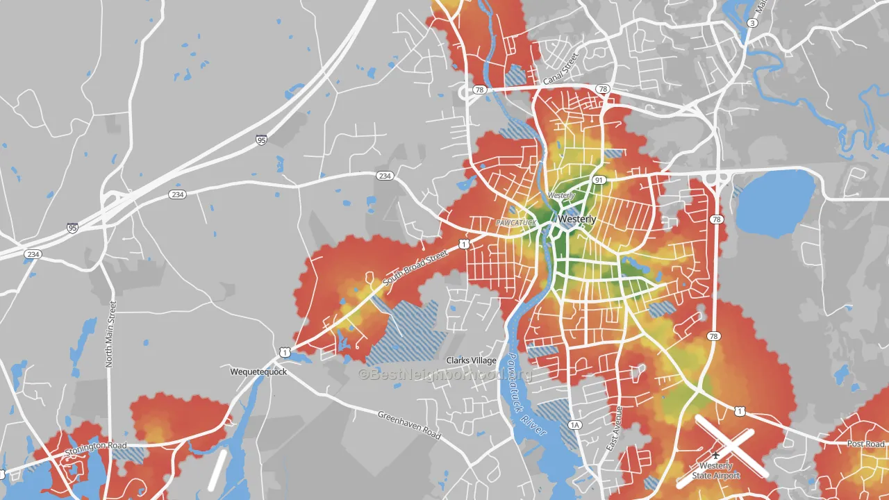 Walk Grade map of Pawcatuck, CT, walkable areas in green and car-dependent areas in red