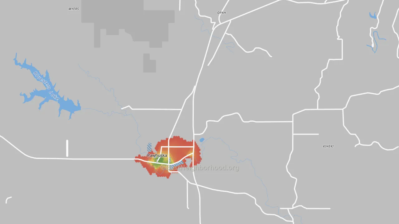Walk Grade map of Pawhuska, OK, walkable areas in green and car-dependent areas in red