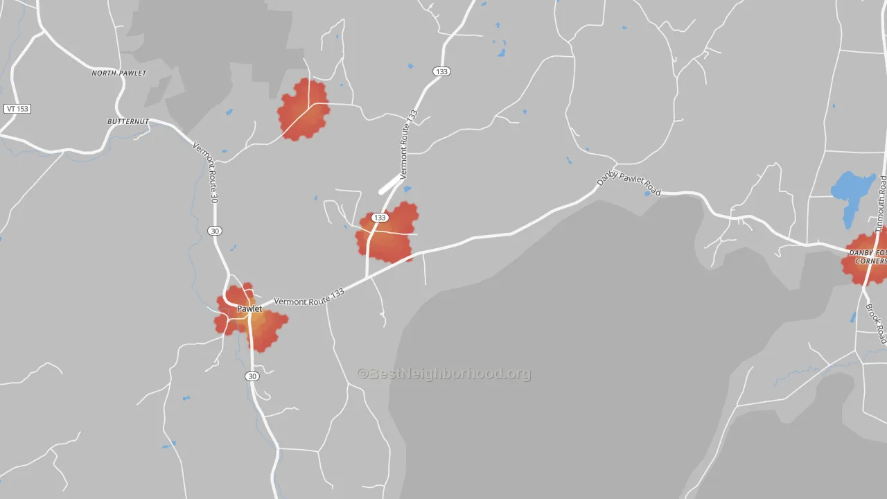 Walk Grade map of Pawlet, VT, walkable areas in green and car-dependent areas in red