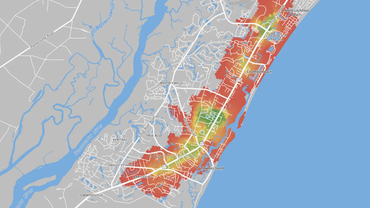 Walk Grade map of Pawleys Island, SC, walkable areas in green and car-dependent areas in red
