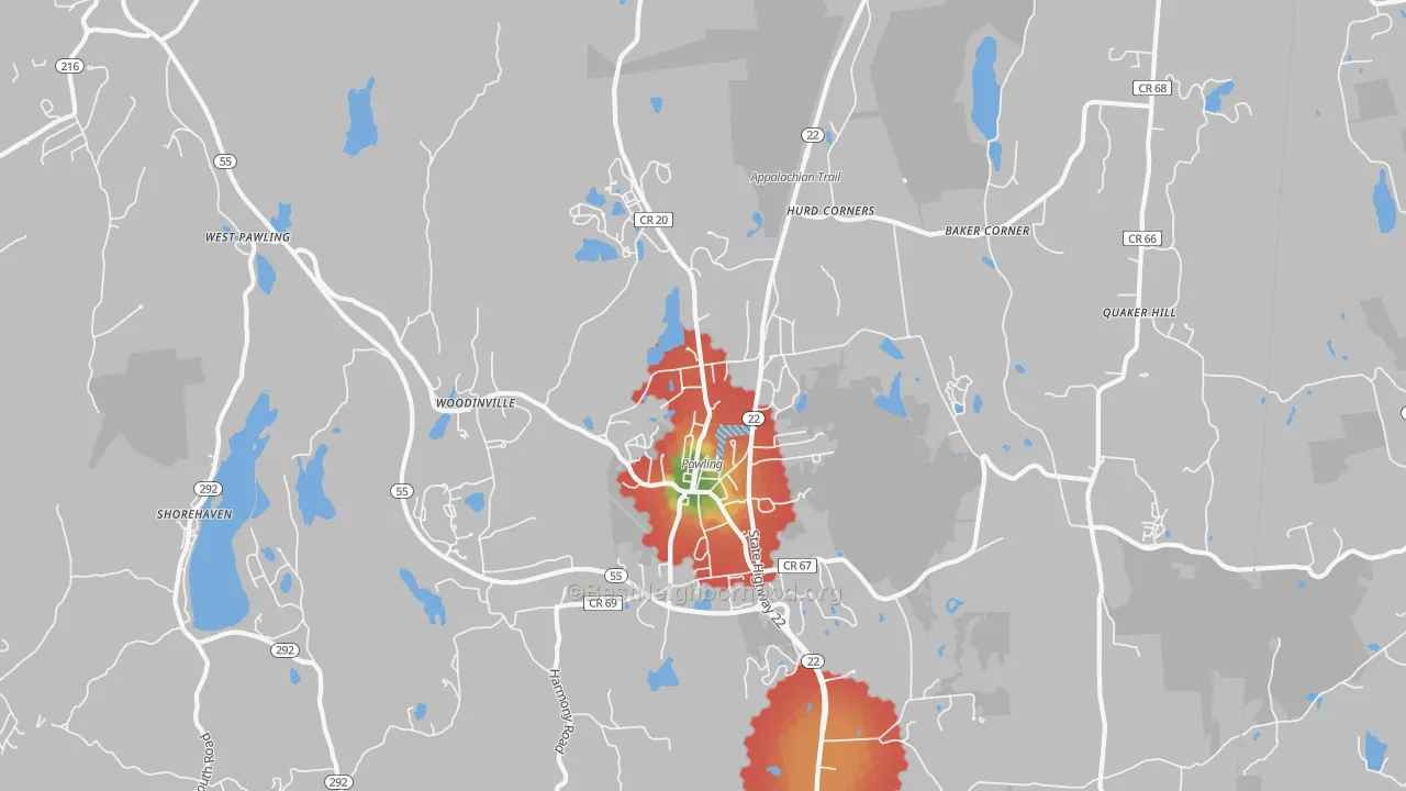 Walk Grade map of Pawling, NY, walkable areas in green and car-dependent areas in red