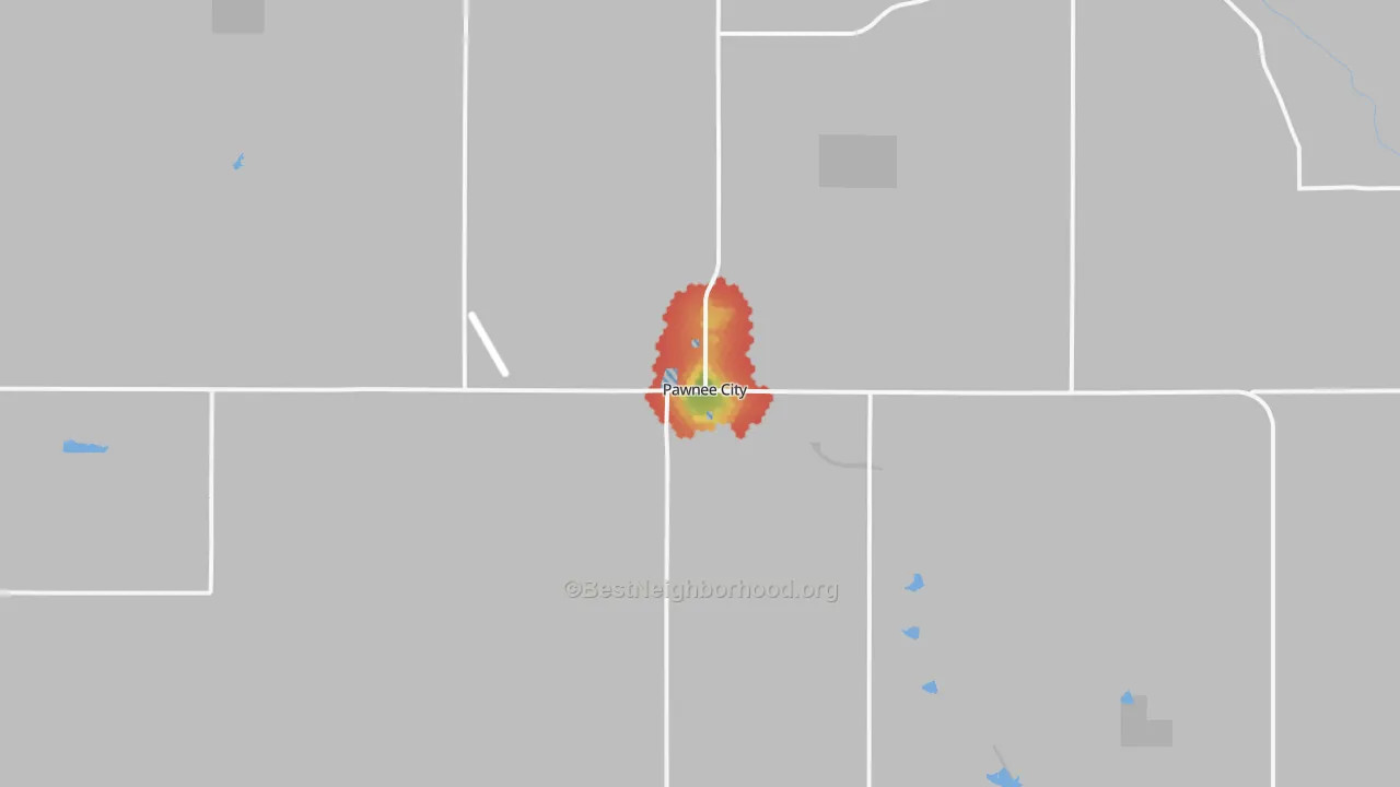 Walk Grade map of Pawnee City, NE, walkable areas in green and car-dependent areas in red