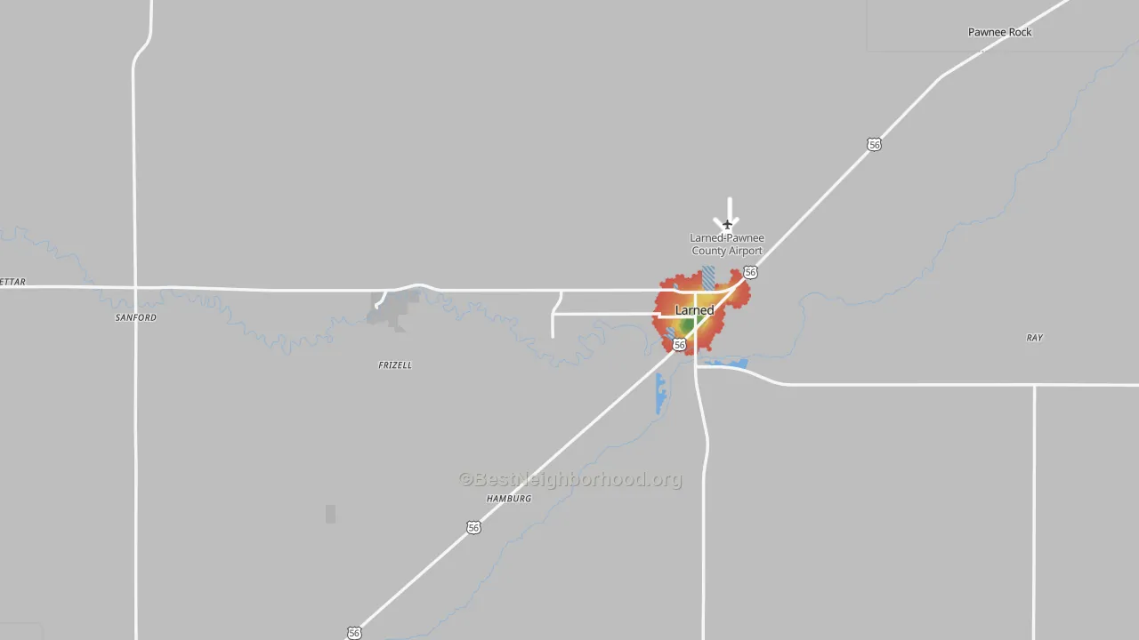 Walk Grade map of Pawnee County, KS, walkable areas in green and car-dependent areas in red