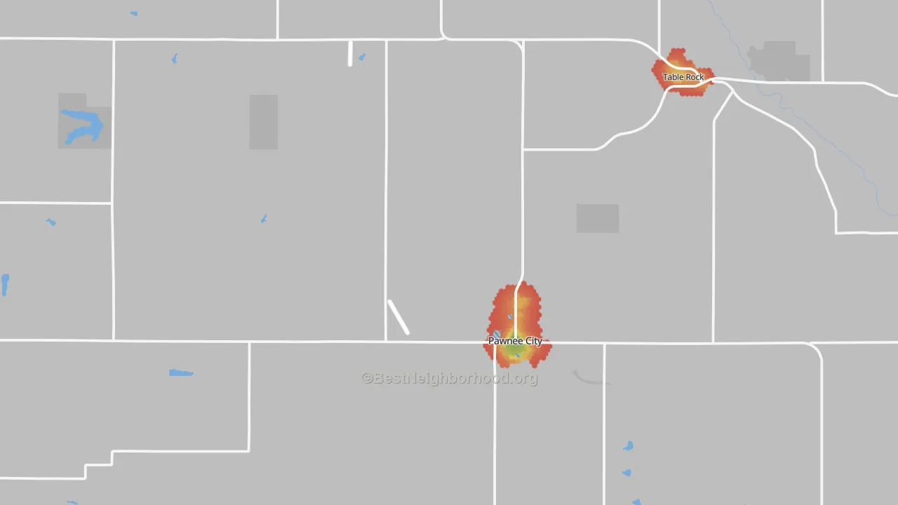Walk Grade map of Pawnee County, NE, walkable areas in green and car-dependent areas in red