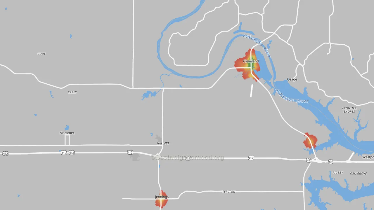 Walk Grade map of Pawnee County, OK, walkable areas in green and car-dependent areas in red