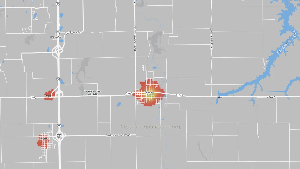 Walk Grade map of Pawnee, IL, walkable areas in green and car-dependent areas in red