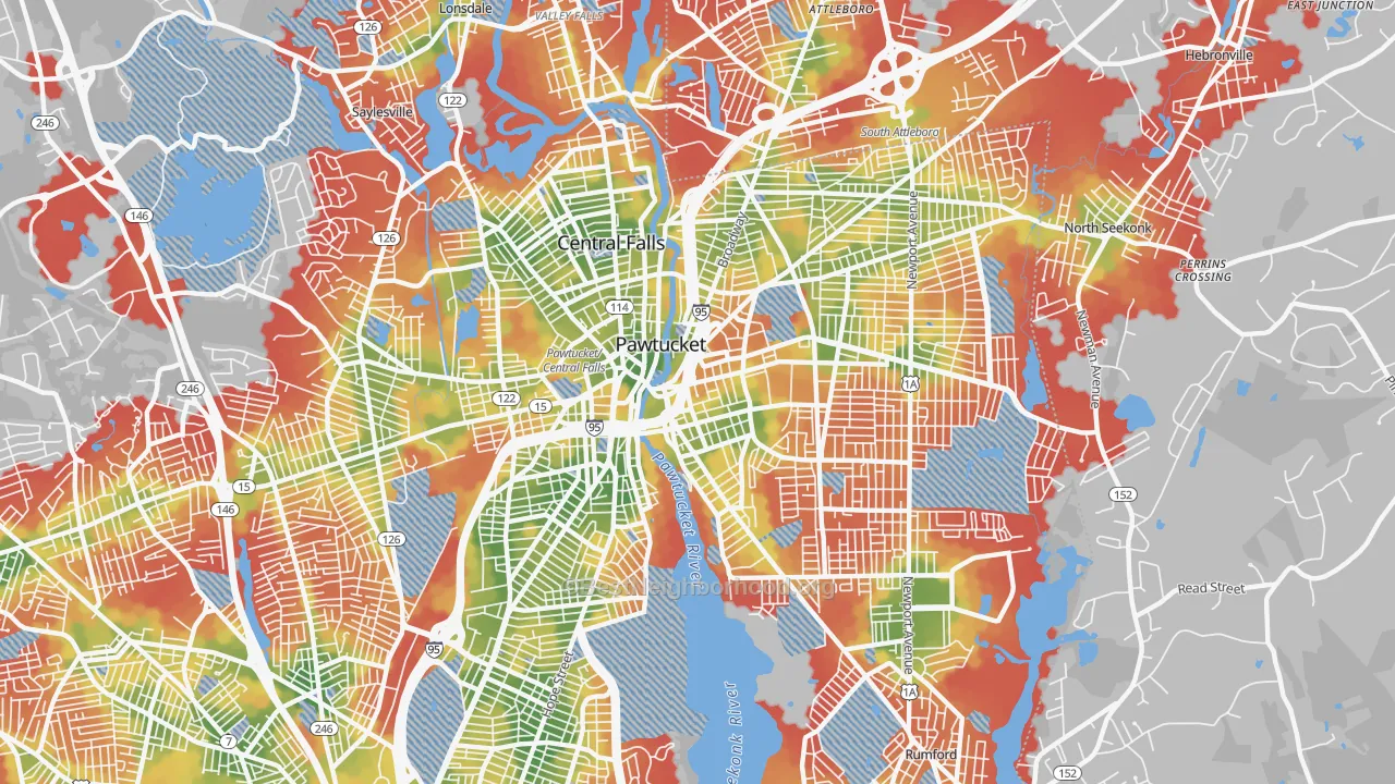 Walk Grade map of Pawtucket, RI, walkable areas in green and car-dependent areas in red