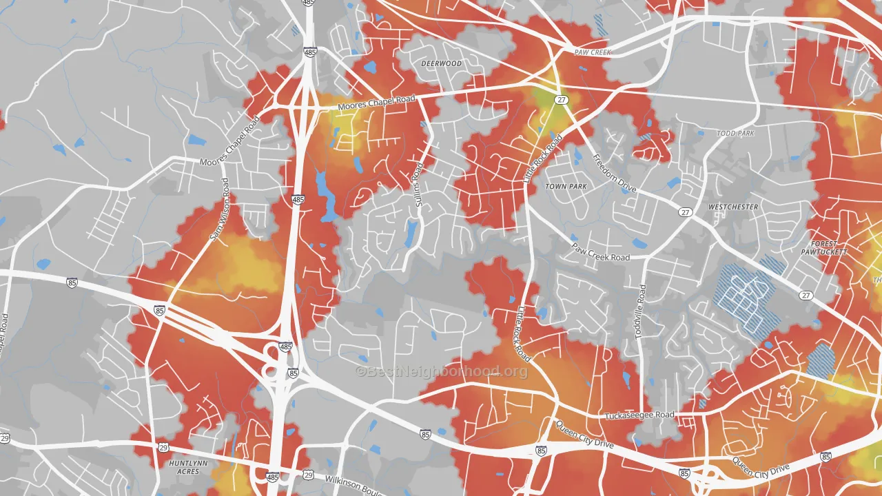 Walk Grade map of Pawtuckett, Charlotte, NC, walkable areas in green and car-dependent areas in red