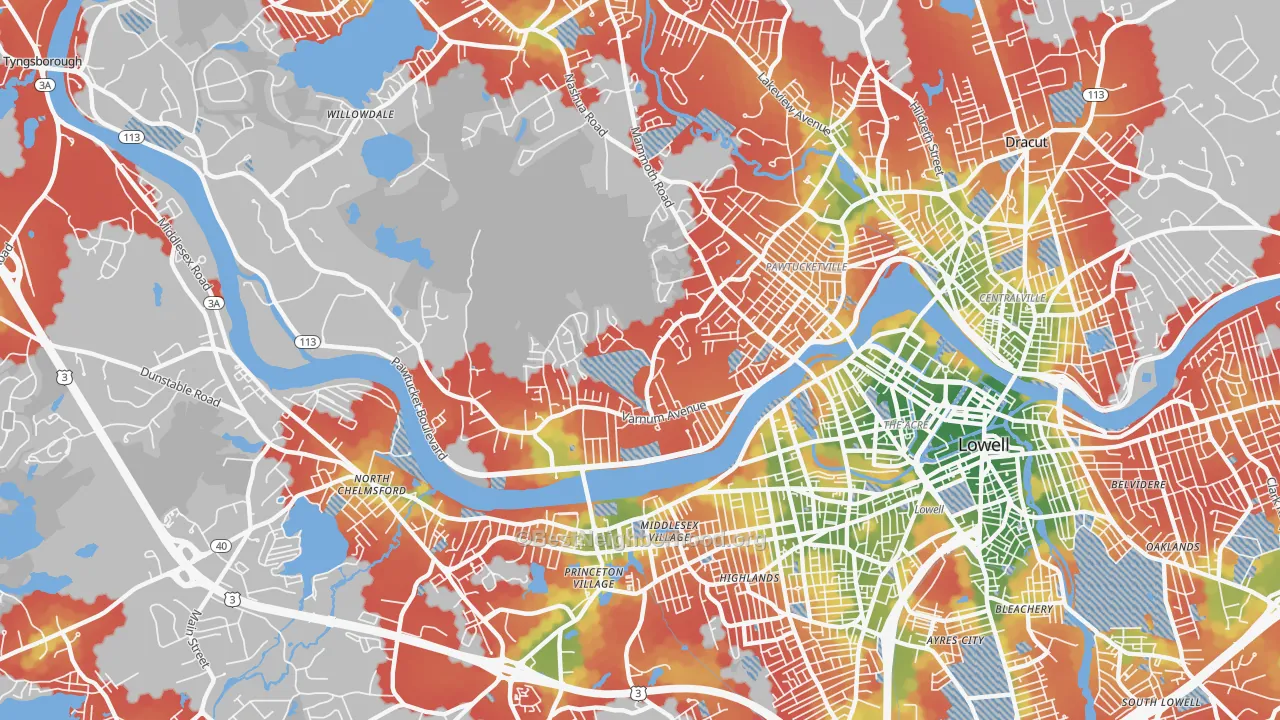 Walk Grade map of Pawtucketville, Lowell, MA, walkable areas in green and car-dependent areas in red
