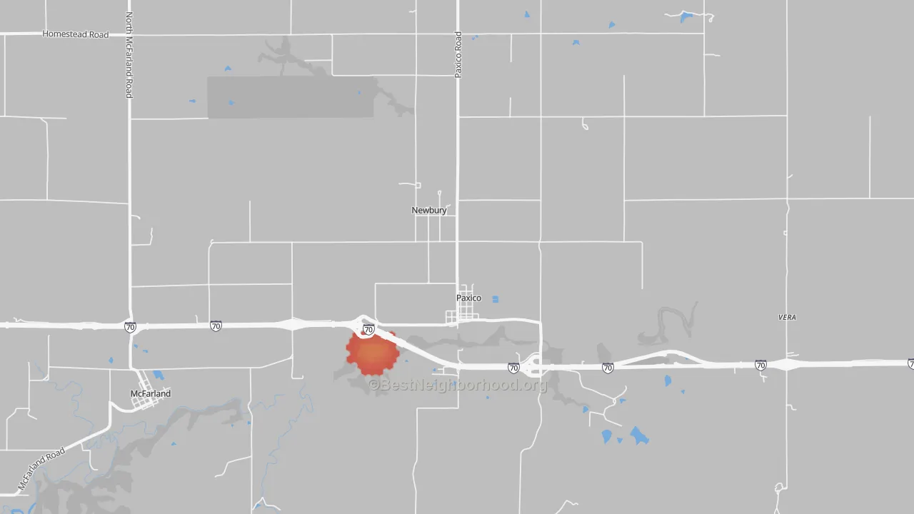 Walk Grade map of Paxico, KS, walkable areas in green and car-dependent areas in red
