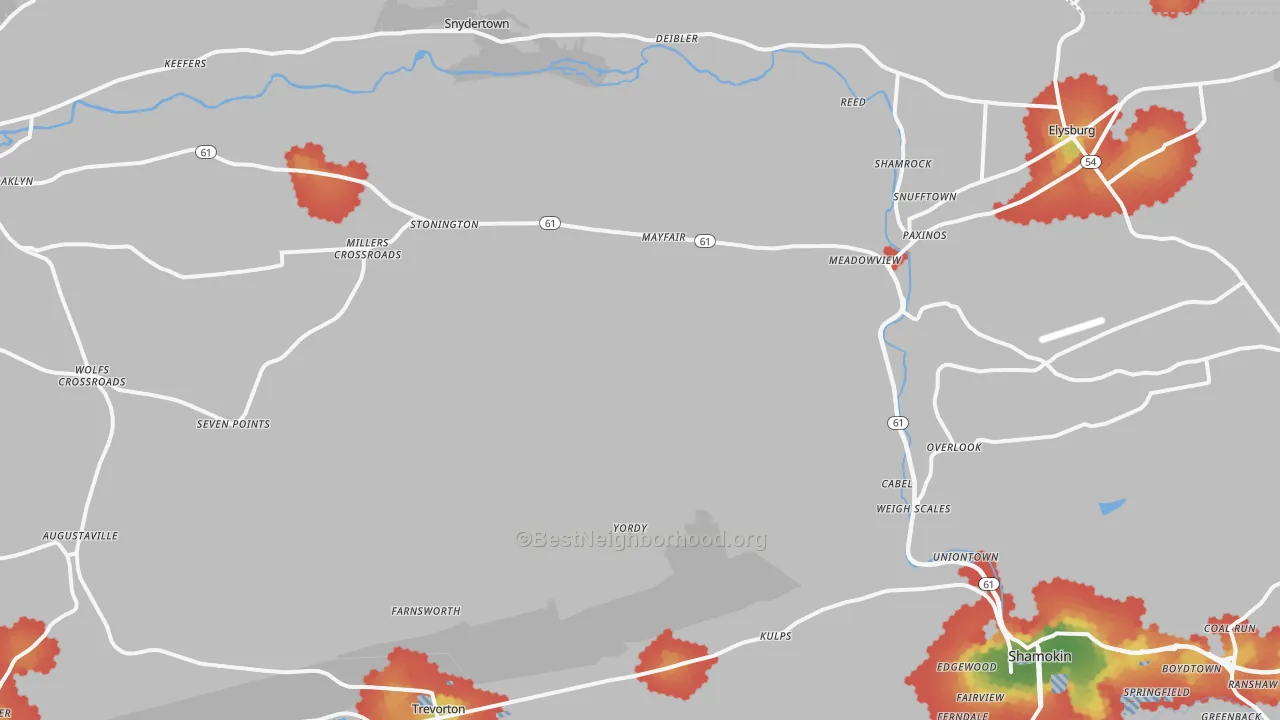 Walk Grade map of Paxinos, PA, walkable areas in green and car-dependent areas in red