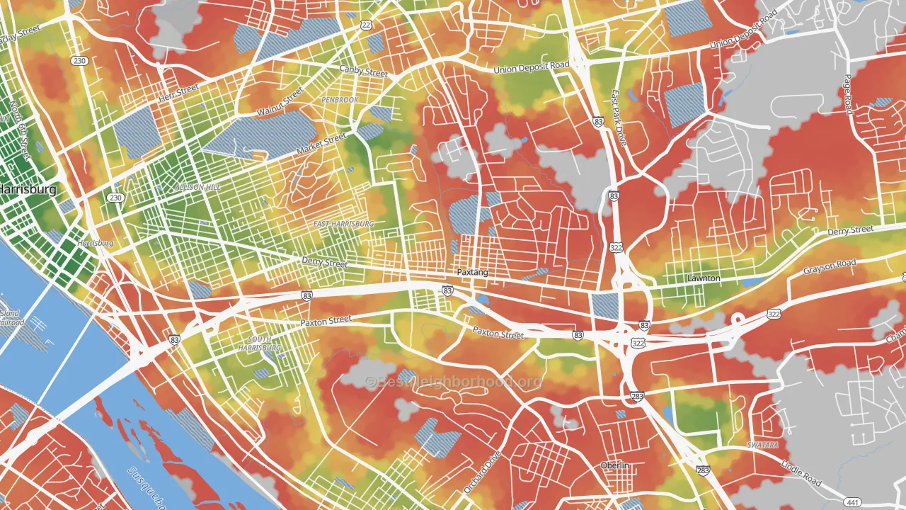 Walk Grade map of Paxtang, PA, walkable areas in green and car-dependent areas in red