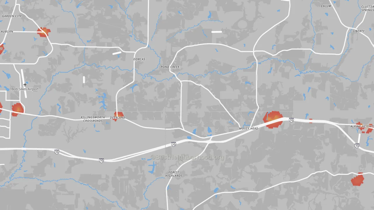 Walk Grade map of Paxton, FL, walkable areas in green and car-dependent areas in red