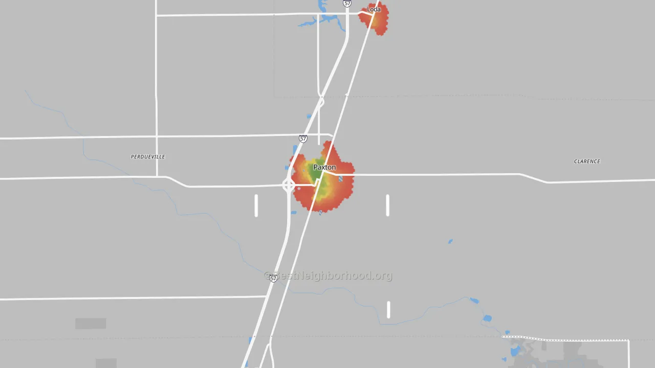 Walk Grade map of Paxton, IL, walkable areas in green and car-dependent areas in red