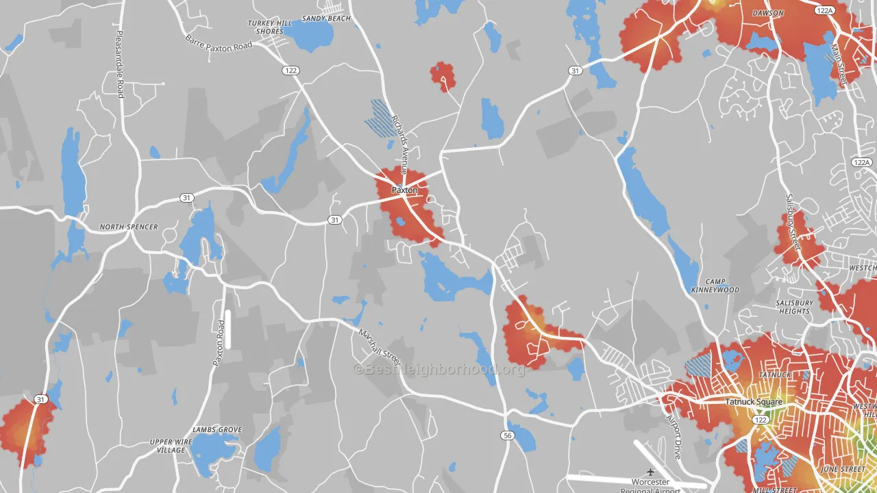 Walk Grade map of Paxton, MA, walkable areas in green and car-dependent areas in red