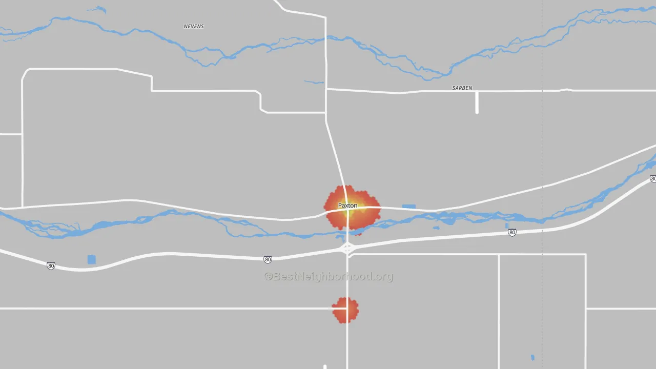 Walk Grade map of Paxton, NE, walkable areas in green and car-dependent areas in red