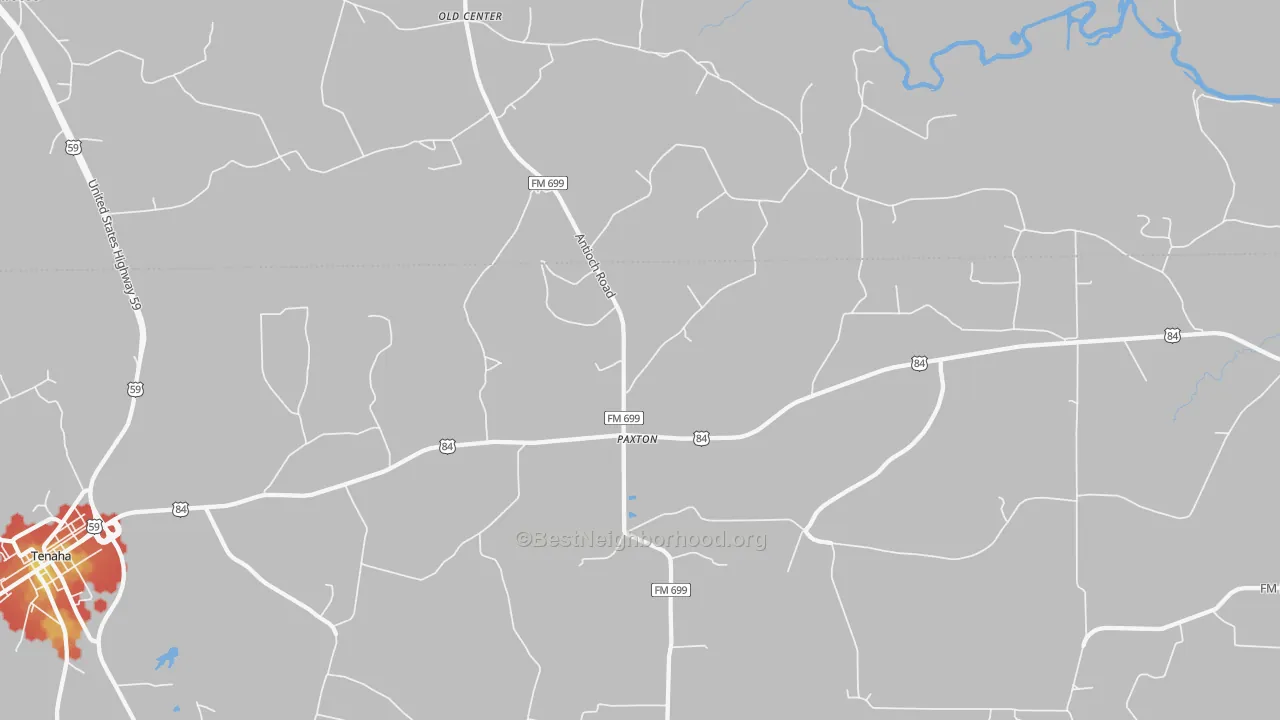 Walk Grade map of Paxton, TX, walkable areas in green and car-dependent areas in red