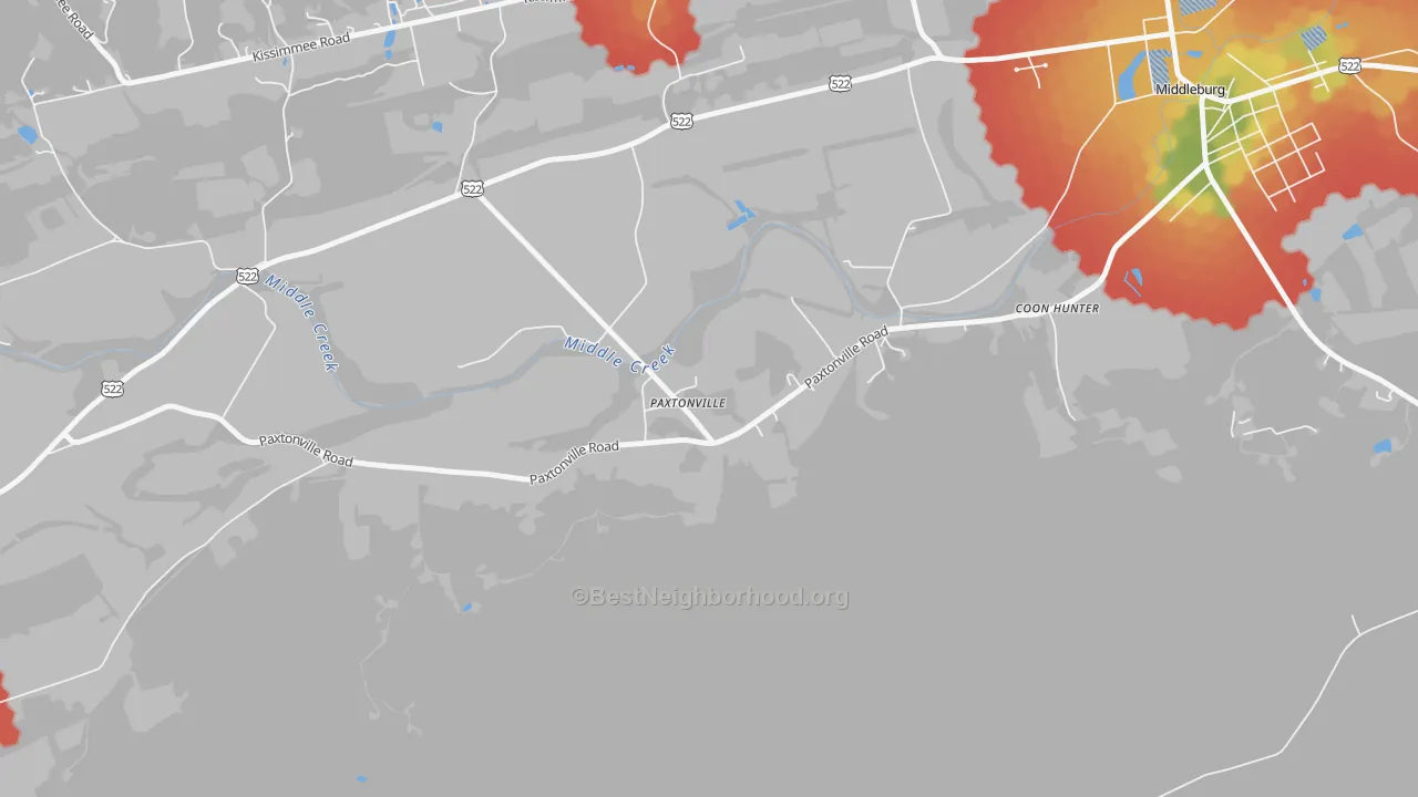 Walk Grade map of Paxtonville, PA, walkable areas in green and car-dependent areas in red