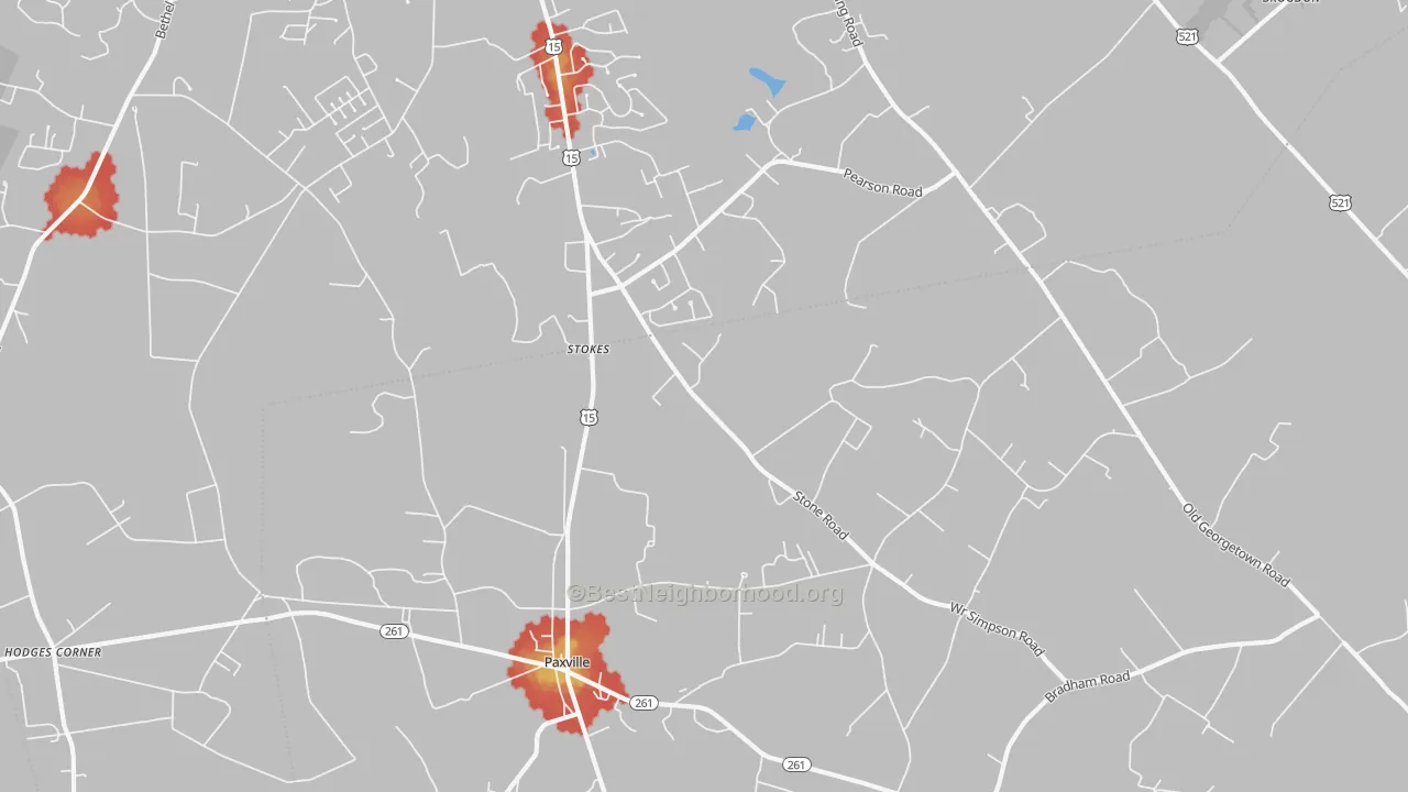 Walk Grade map of Paxville, SC, walkable areas in green and car-dependent areas in red