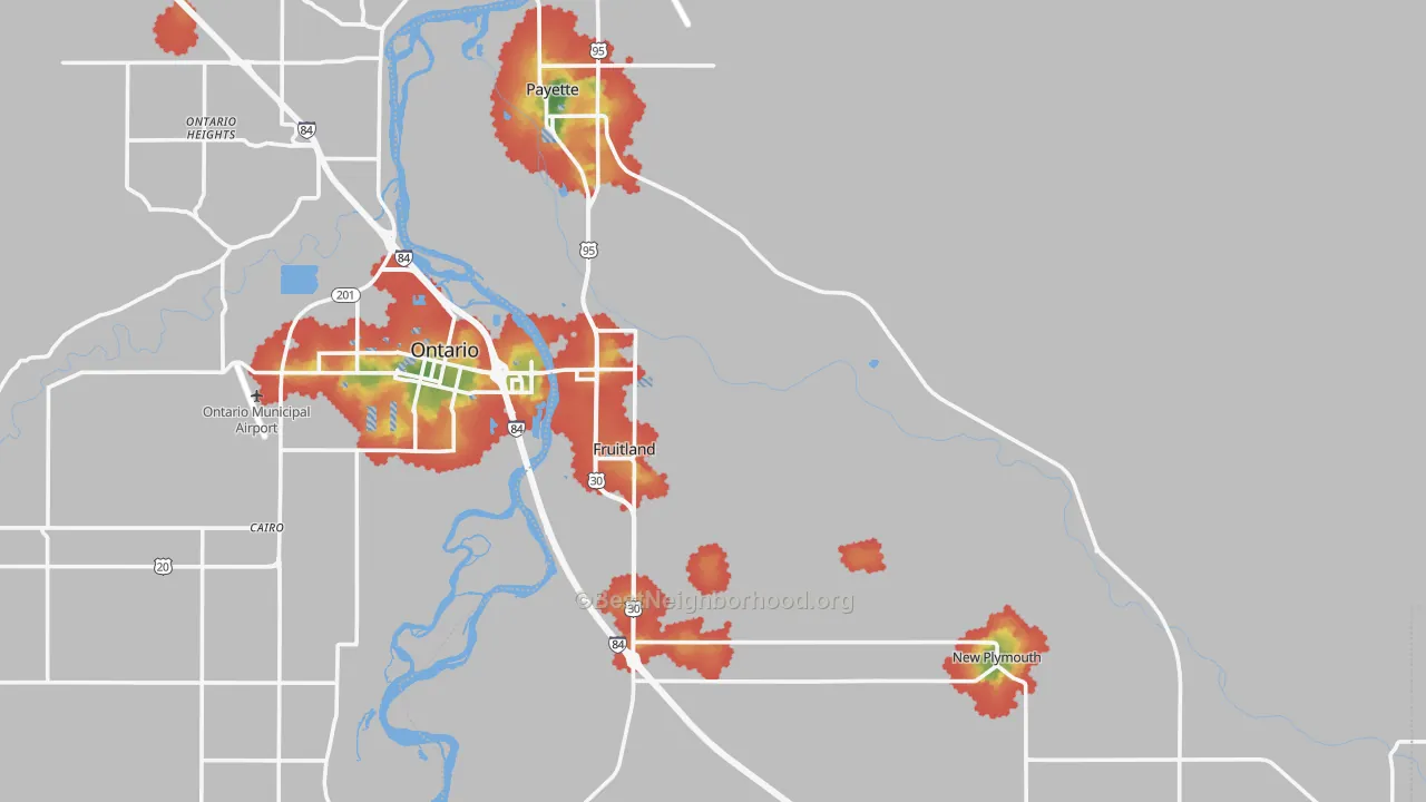 Walk Grade map of Payette County, ID, walkable areas in green and car-dependent areas in red