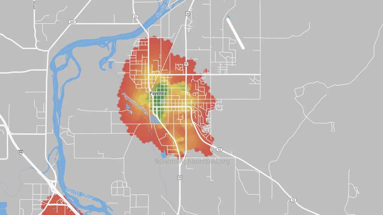Walk Grade map of Payette Heights, Payette, ID, walkable areas in green and car-dependent areas in red