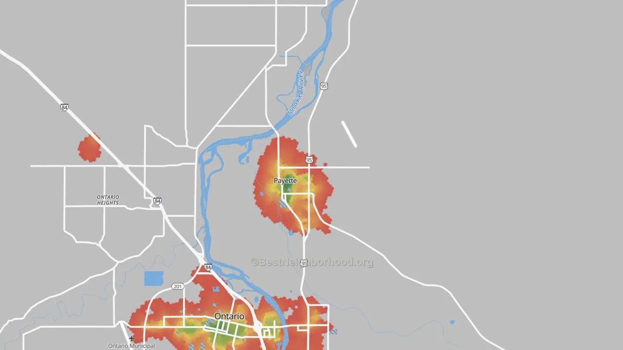Walk Grade map of Payette, ID, walkable areas in green and car-dependent areas in red