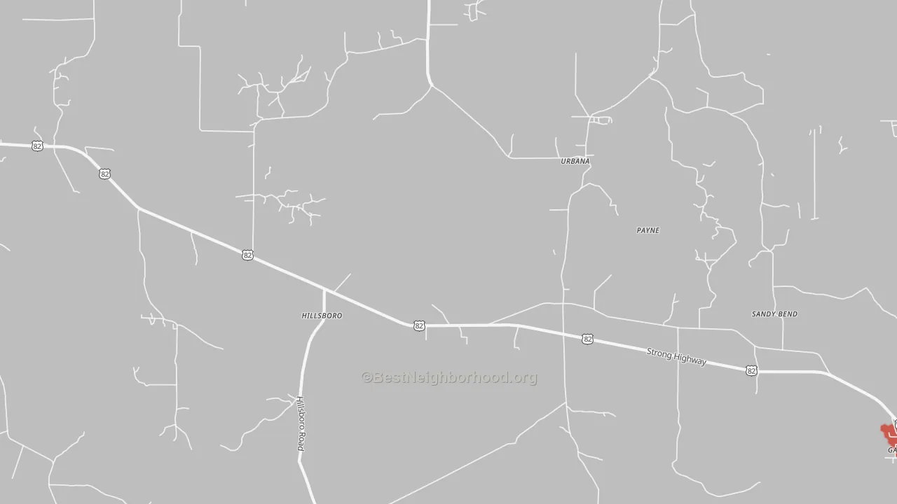 Walk Grade map of Payne, AR, walkable areas in green and car-dependent areas in red